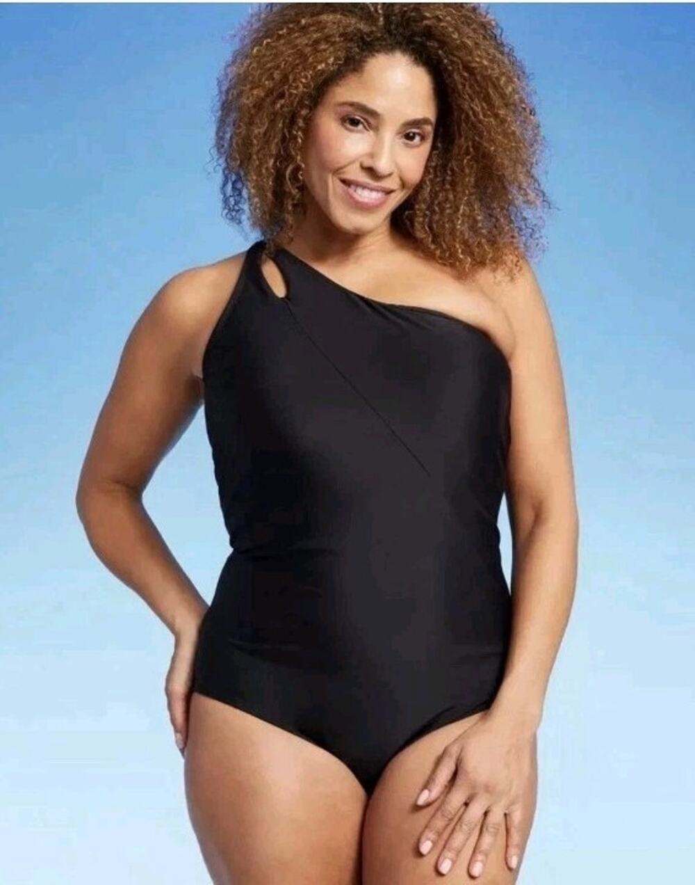 Lands End New 24W Tummy Control One Shoulder One Piece Swimsuit Black Slimming